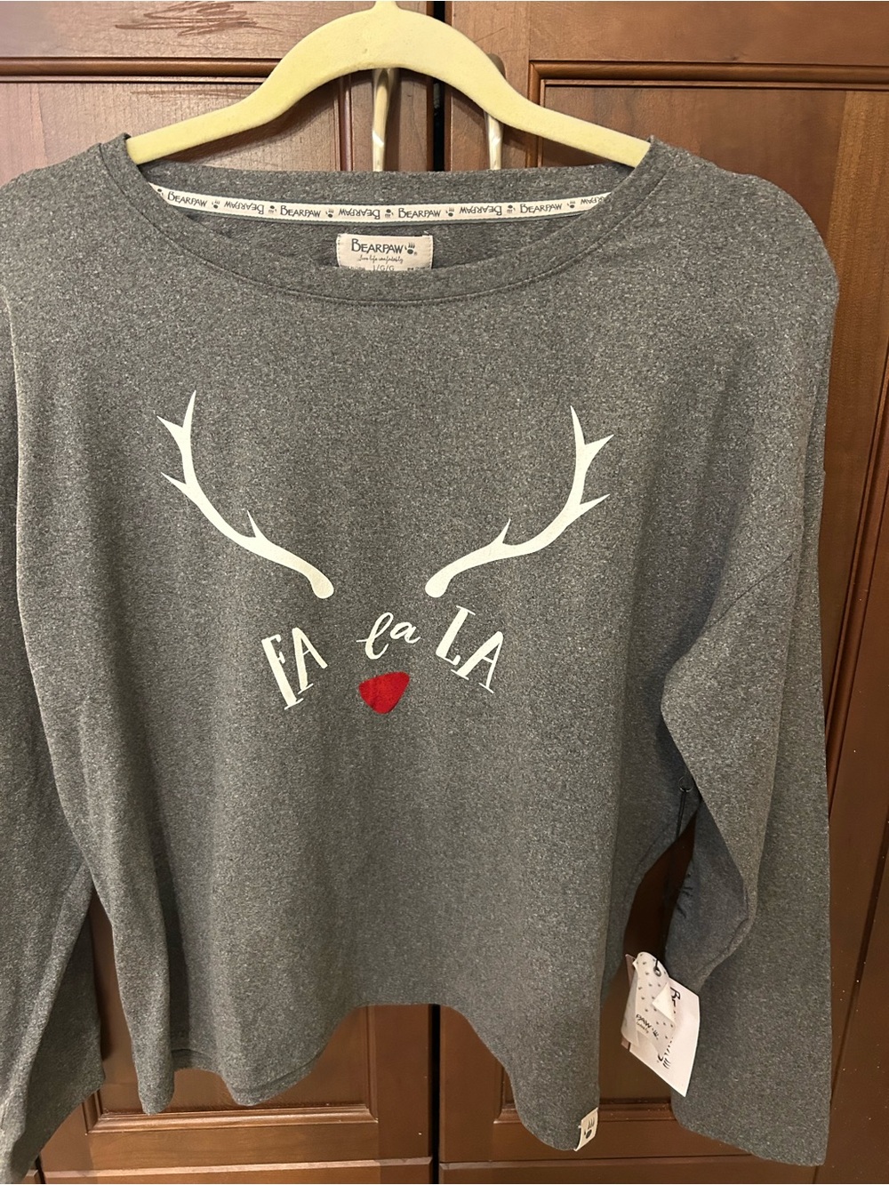 NEW BearPaw Women's Gray Crewneck Sweatshirt with Reindeer Graphic and Red Nose